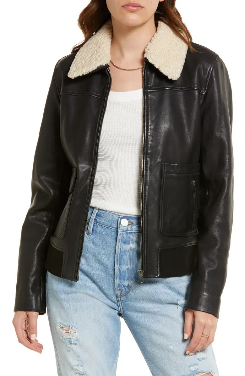 Leather Bomber Jacket with Faux Shearling Collar | Nordstrom