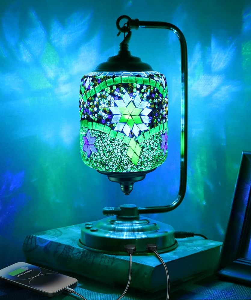 BILTRTE Turkish Moroccan Table Lamp, 360° Rotating Mosaic Glass Decor Lamp with 2 USB Ports, 7-C... | Amazon (US)