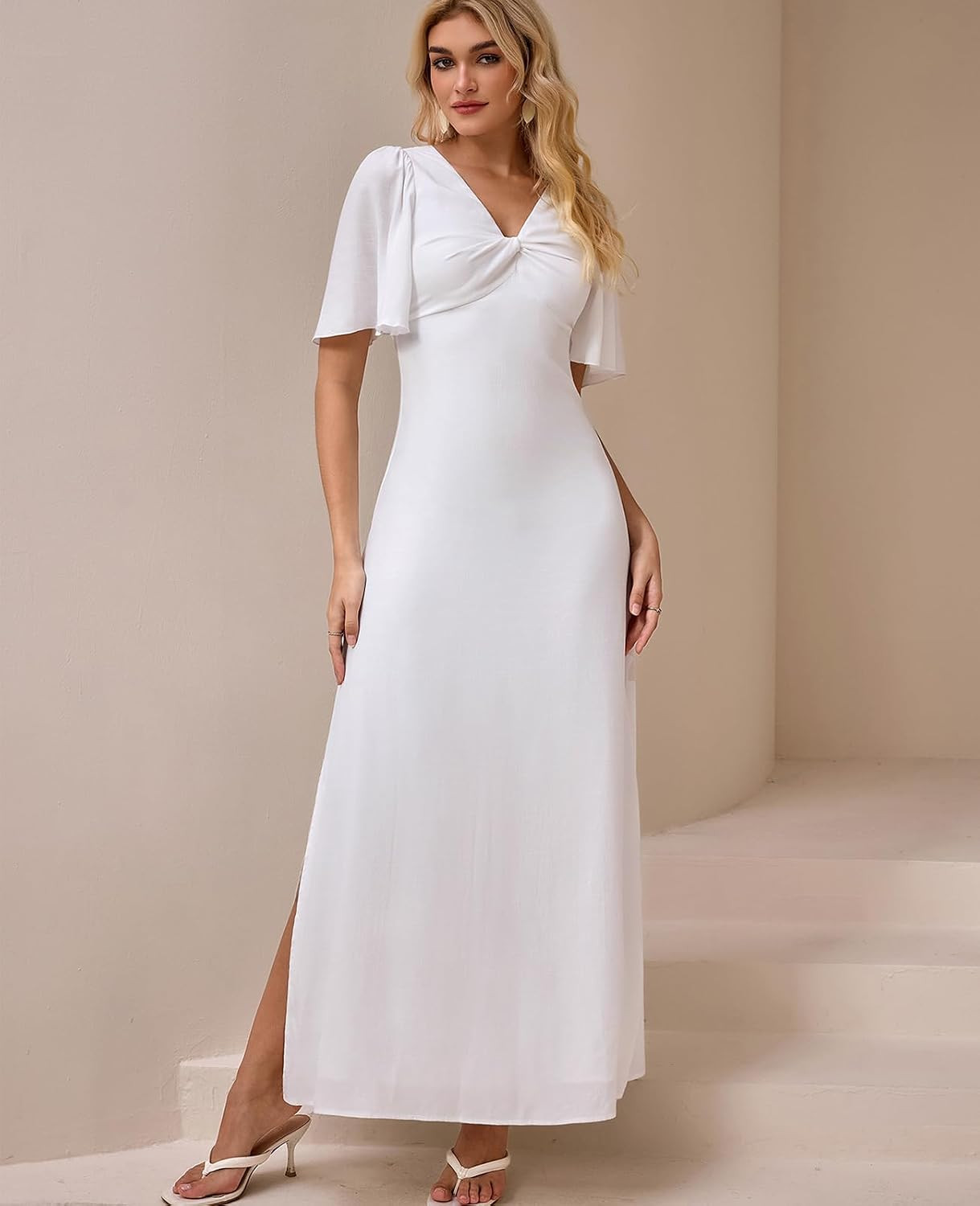 Womens Summer Short Sleeves Casual Maxi Dress V Neck Twist Long Wedding Guest Dresses Spring A Line Slit Dress | Amazon (US)