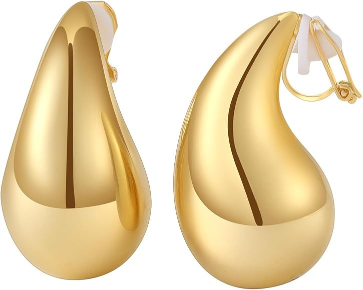 NVWAROCK Gold Drop Clip On Earrings Dupes Teardrop Chunky Non Pierced Earring 14K Real Gold Plate... | Amazon (US)