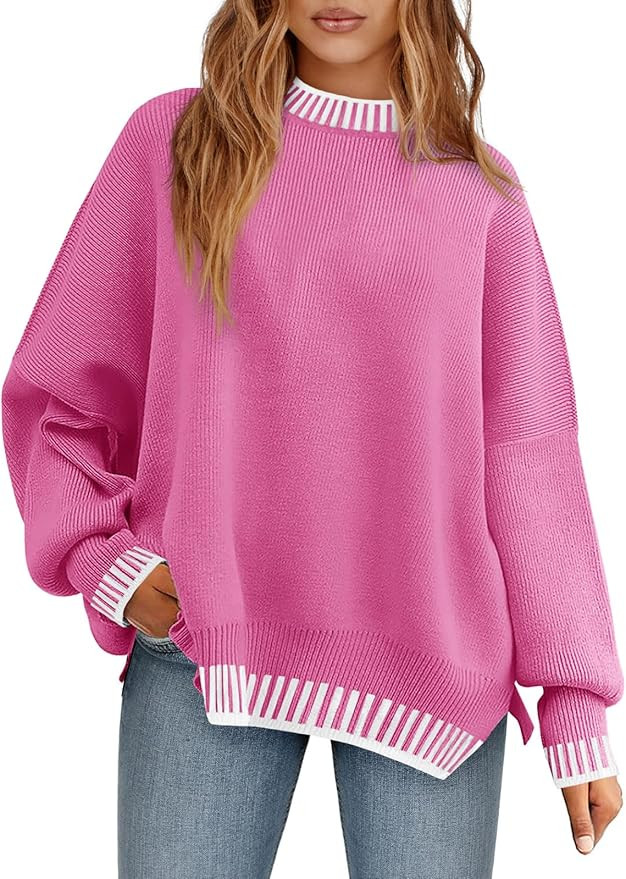 Saodimallsu Womens Oversized Sweaters Crewneck Color Block Winter Sweater Lantern Sleeve Side Sli... | Amazon (US)