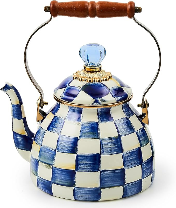 MACKENZIE-CHILDS Enamel Tea Kettle, Stylish Tea Kettle for Stovetop, Blue-and-White Royal Check, ... | Amazon (US)