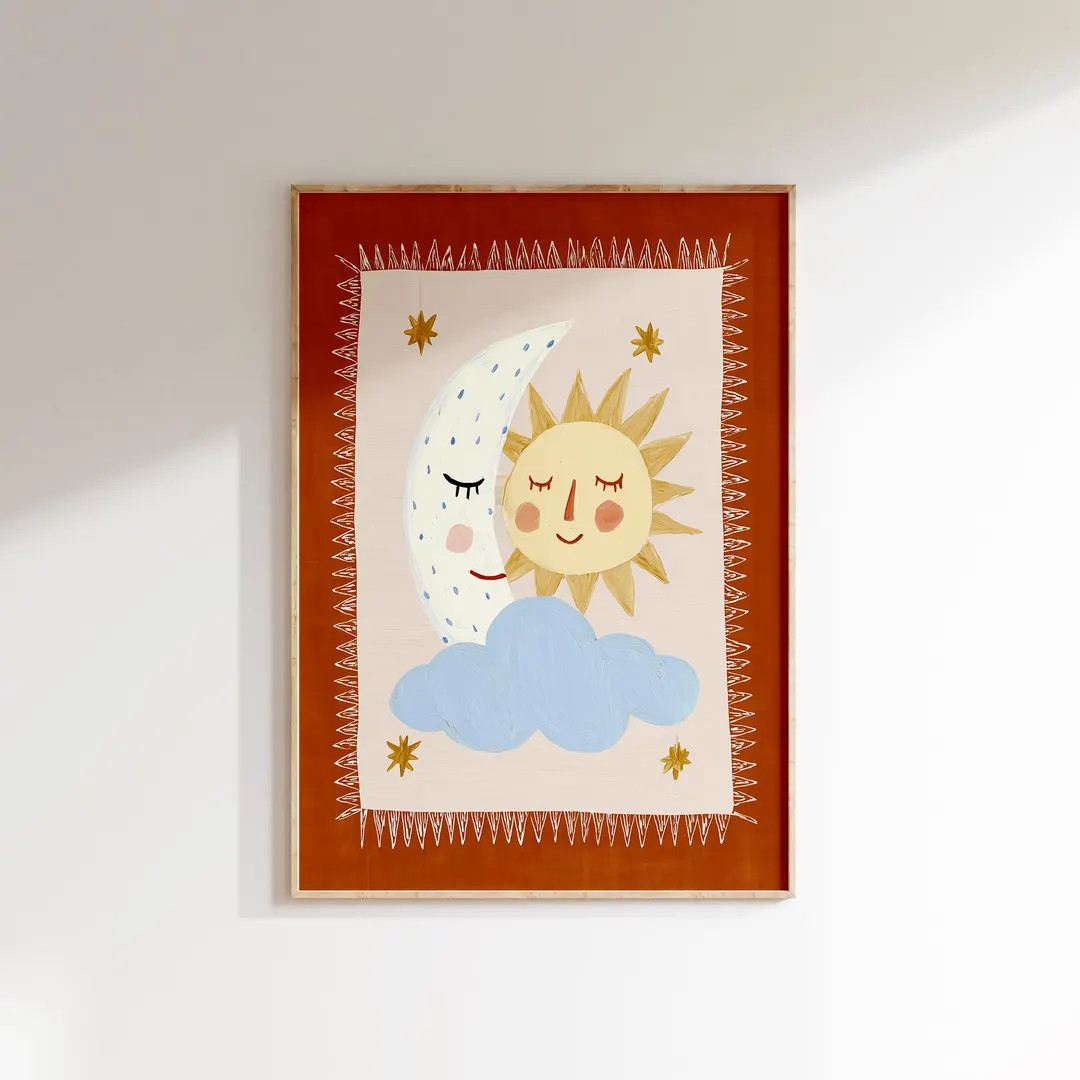 Celestial Nursery Print, Moon Sun Cloud Folk Art, Whimsical Kids Room Decor, Digital Download | Etsy (US)