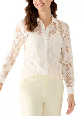Anne Klein Women's Long Sleeve Button Down Top, White, Small | Belk
