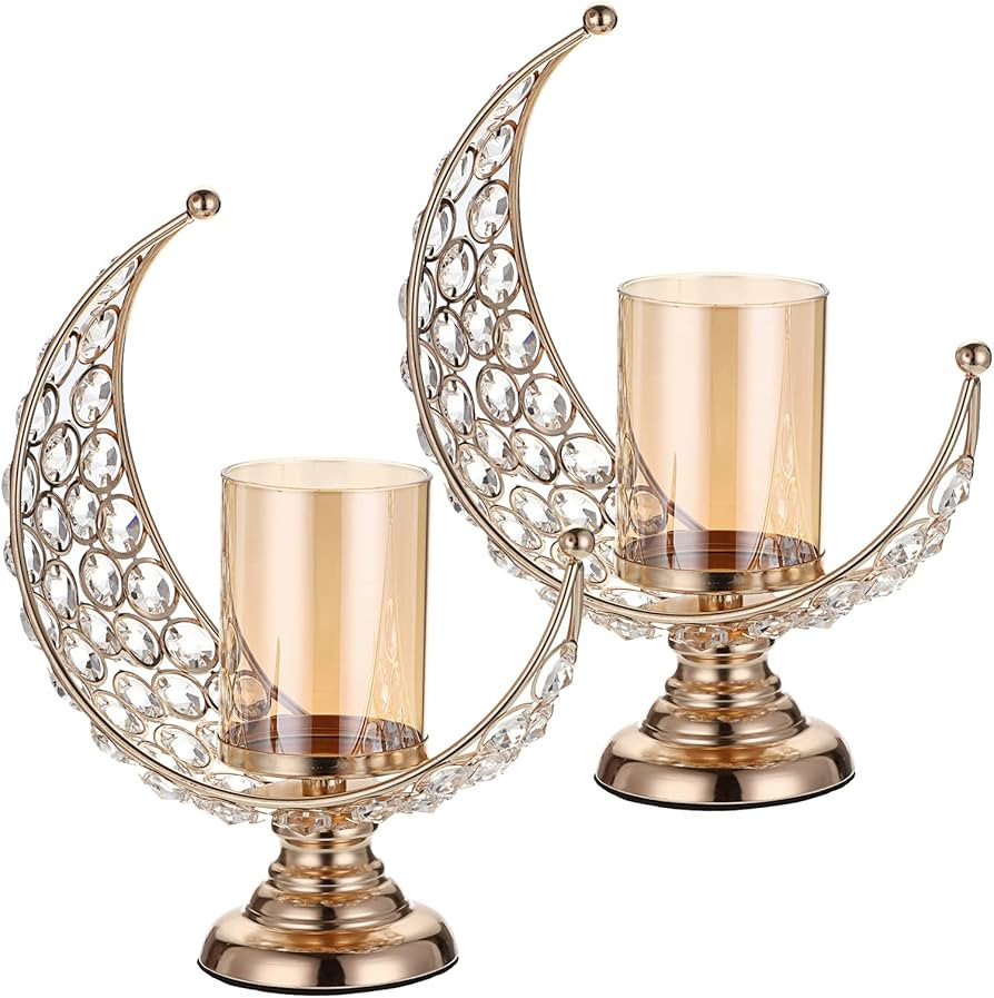 OwnMy Set of 2 Gold Moon Shaped Crystal Pillar Candle Holders Tealight Holders with Glass Covers,... | Amazon (US)