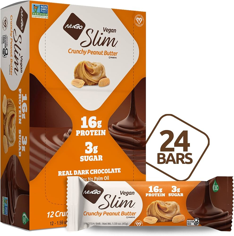 Nugo Slim Dark Chocolate Crunchy Peanut Butter, 16g Vegan Protein, 3g Sugar, 7g Fiber, 180 Calori... | Amazon (US)