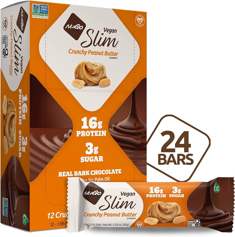 Nugo Slim Dark Chocolate Crunchy Peanut Butter, 16g Vegan Protein, 3g Sugar, 7g Fiber, 180 Calori... | Amazon (US)