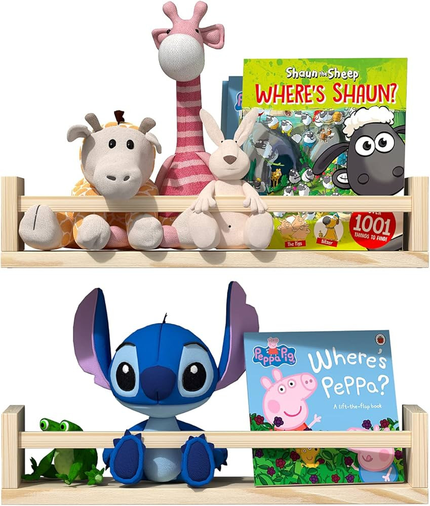 Classic Nursery Shelves, Set of 2 Natural Wood Floating Book Shelves for Kids Room, Wall Shelves ... | Amazon (US)