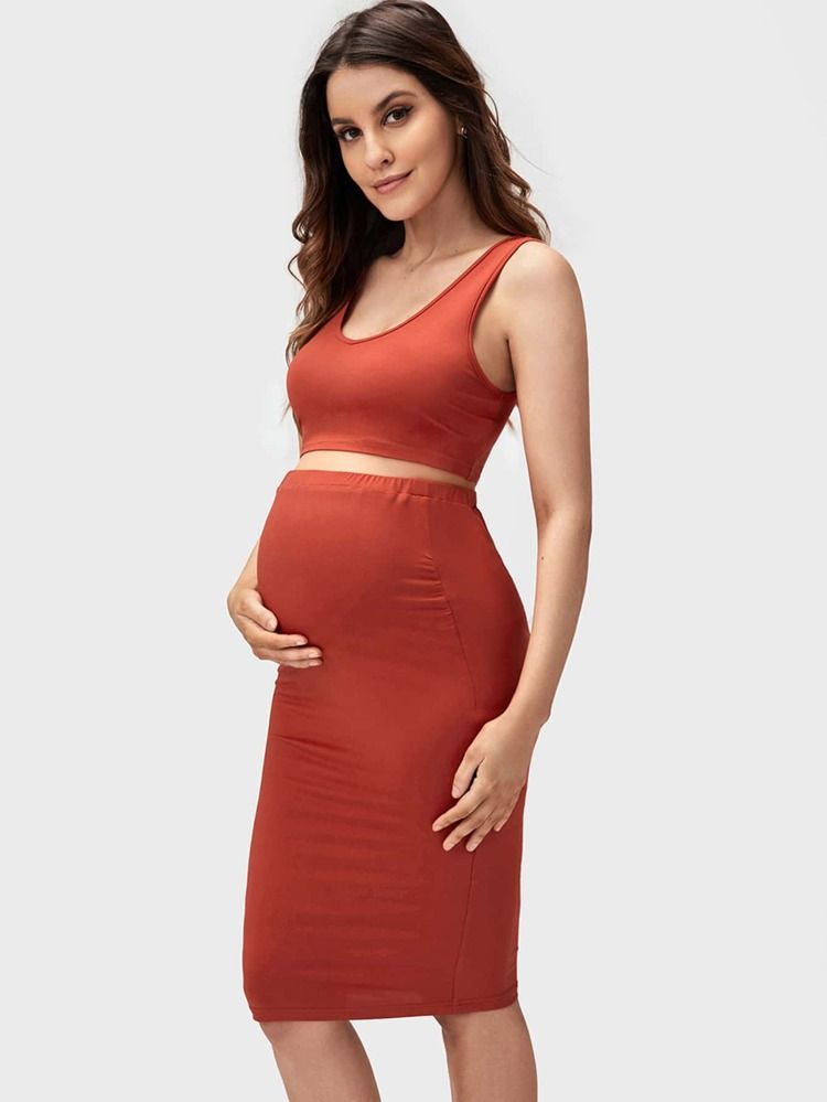 SHEIN BASICS Maternity Scoop Neck Crop Top & Skirt Set | SHEIN