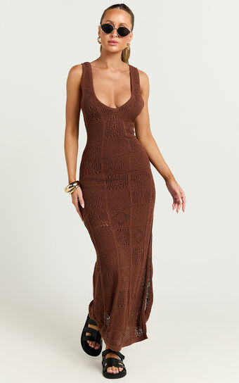 Taylor Maxi Dress - Crochet Knit Scoop Neck Dress in Chocolate | Showpo (US, UK & Europe)