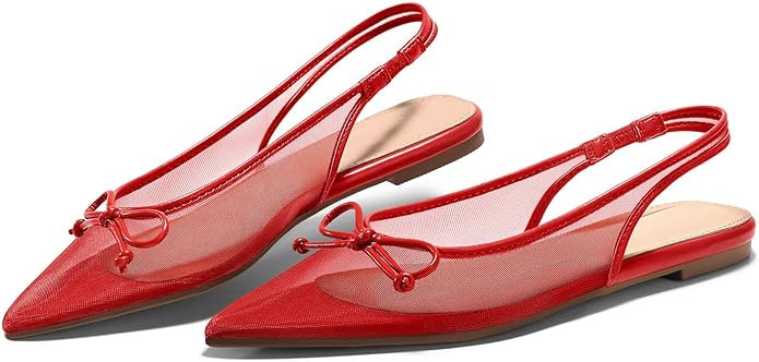 Coutgo Womens Slingback Flats Bow Closed Pointed Toe Mesh Ballet Flats Low Heel Sandals Dress Sho... | Amazon (US)