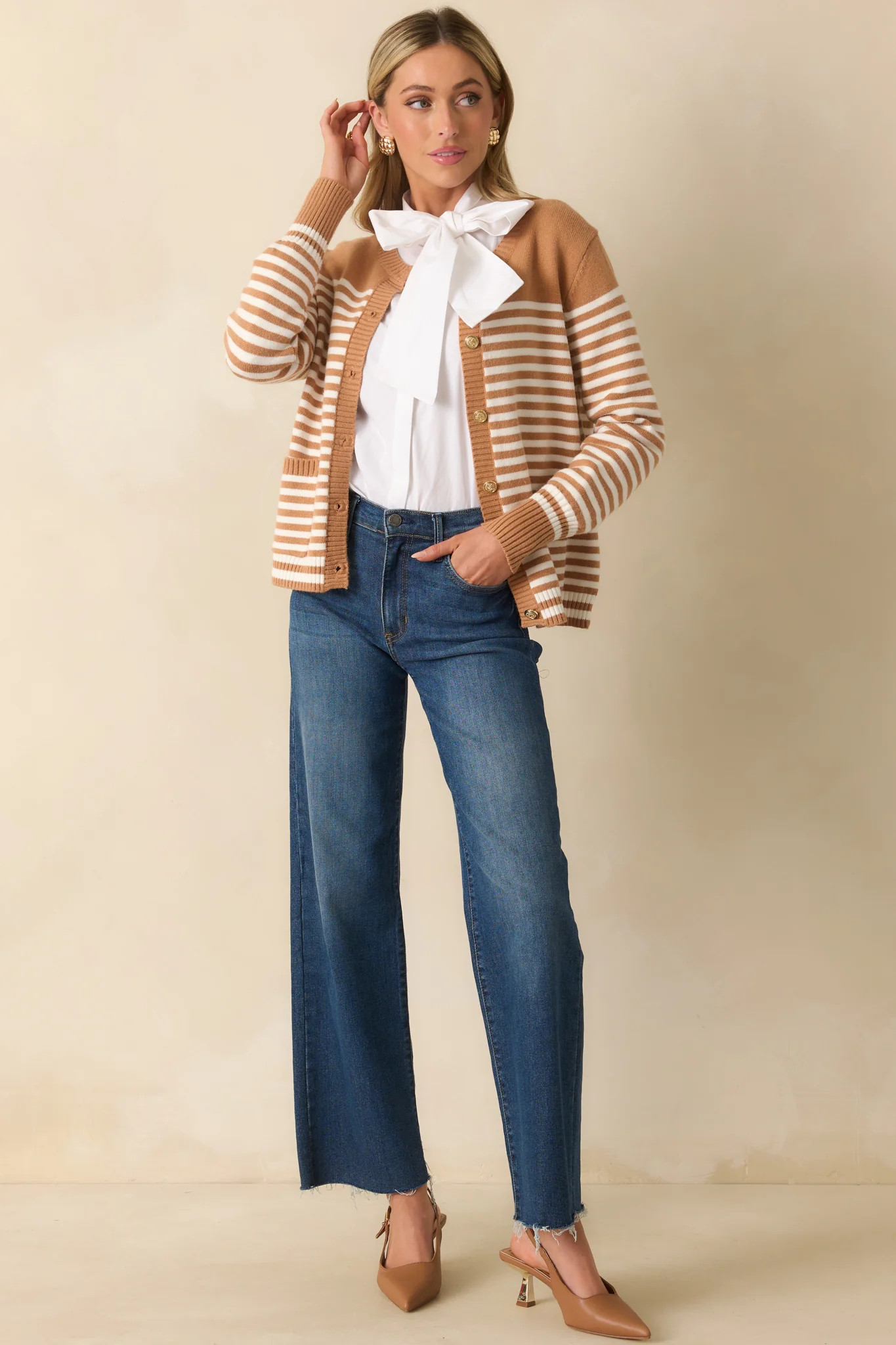 Right On Schedule Camel Brown Stripe Long Sleeve Button Up Cardigan | Red Dress