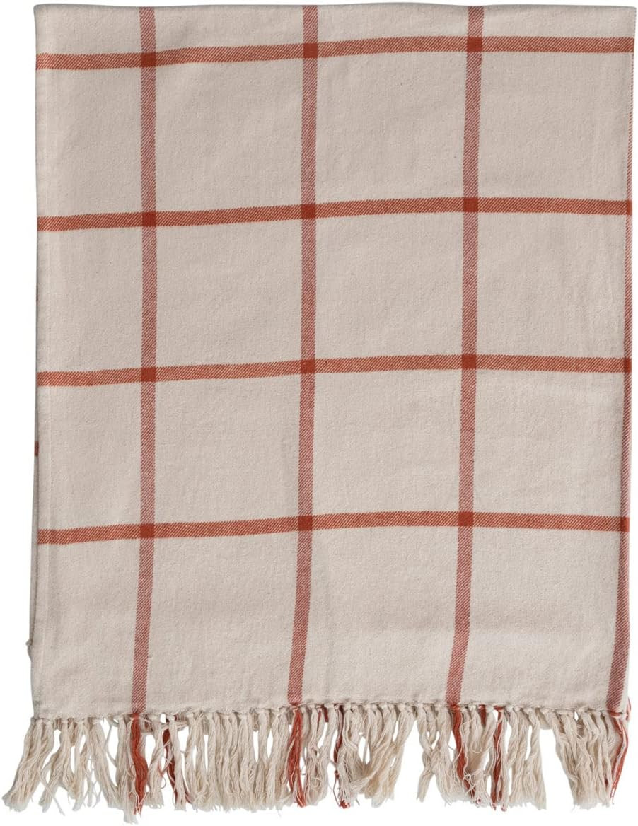 Creative Co-Op Cotton Flannel Throw Blanket with Grid Pattern and Fringe, Cream and Rust | Amazon (US)