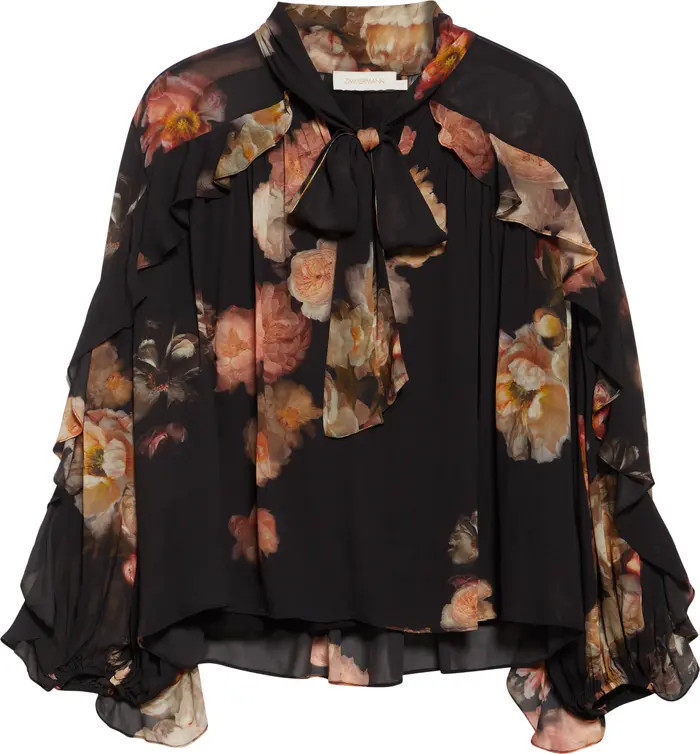 Hypnotic Floral Print Ruffle Georgette Top | Nordstrom
