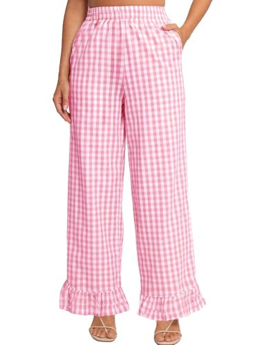 COZYPOIN Womens Ruffle Hem Pants Cotton Gingham Wide Leg Pant with Pockets(Pink-L) | Amazon (US)