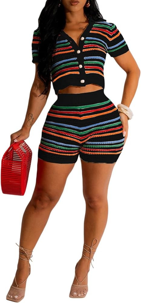 Women 2 Piece Sets Summer Outfits Crochet Button Down Shirts Hollow Out See Through Color Block T... | Amazon (US)