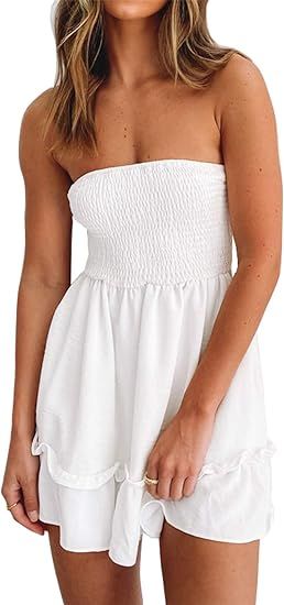 Tube Top Dress for Women Summer Solid Strapless Mini Dresses, Off The Shoudle Ruffle Beach Dress | Amazon (US)