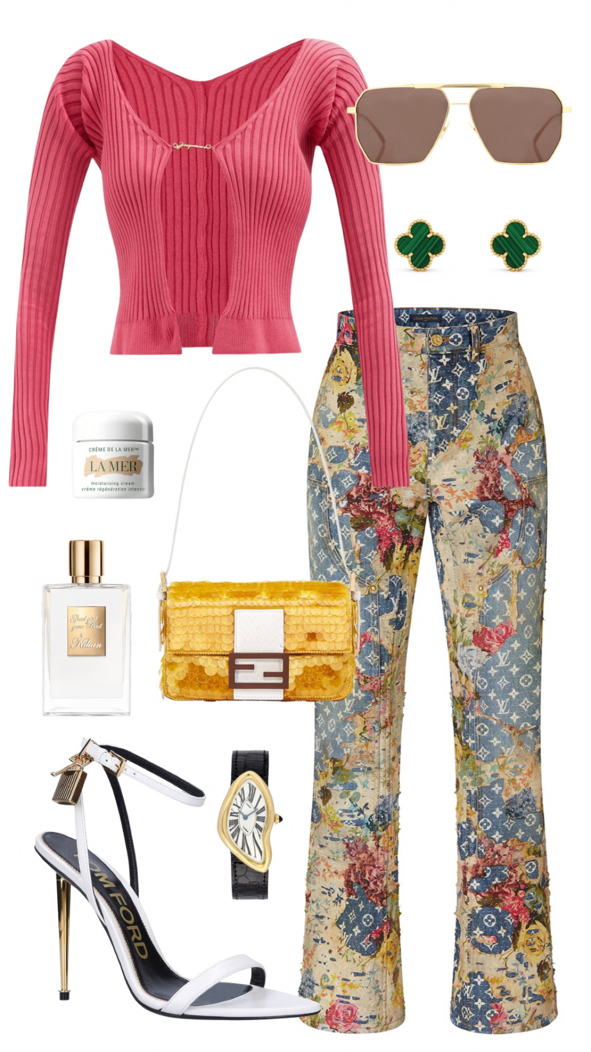 jacquemus top 
louis vuitton jeans 
tom ford padlock heels 
fendi baguette bag 
bottega veneta sunglasses 
van cleef and arpels vintage alhambra malachite 
cartier crash watch 
kilian good girl gone bad perfume 
la mer cream 

#LTKitbag #LTKfit #LTKstyletip