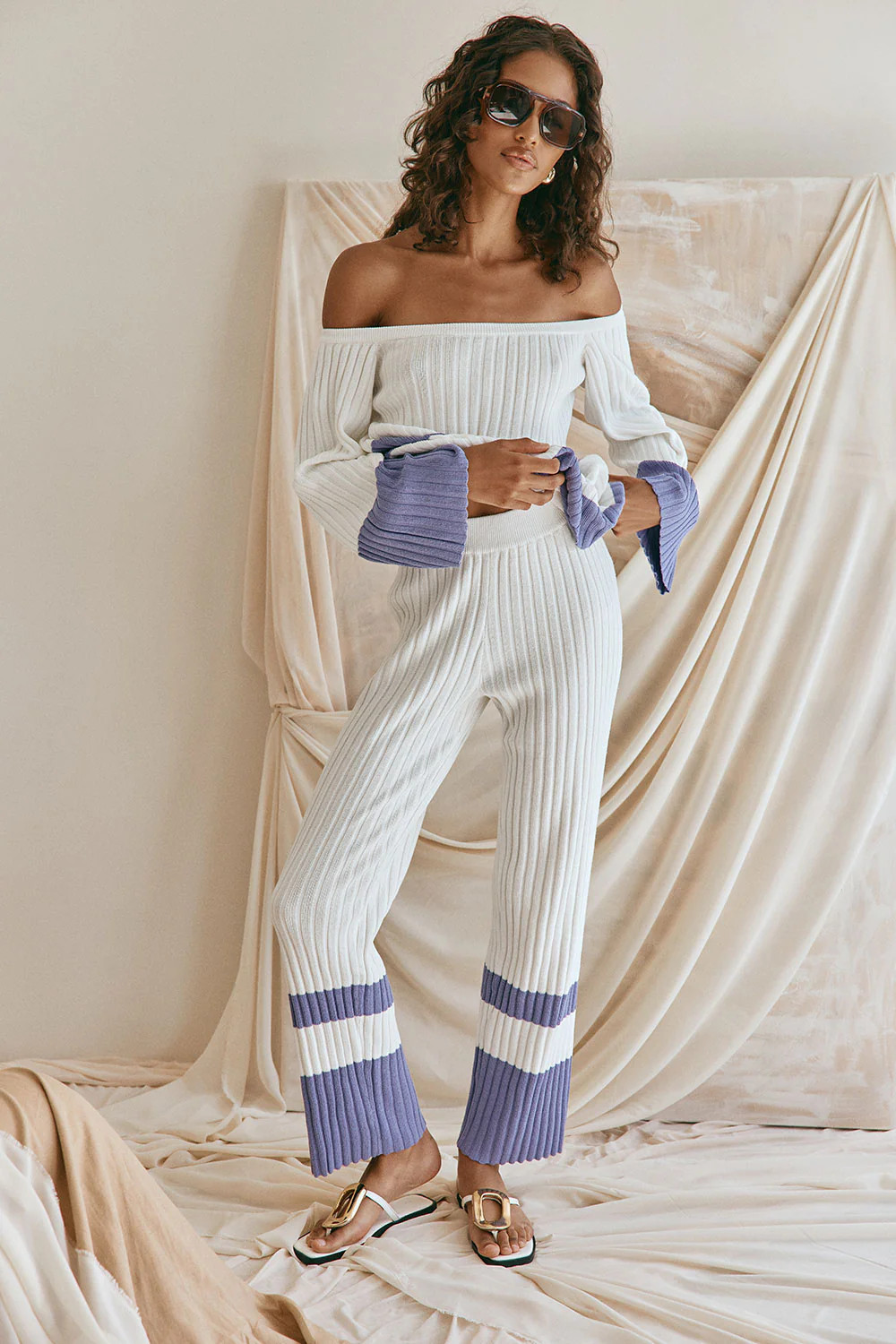 White and Purple Knit Two Tone High Waist Cubs Pantd | Sabo Skirt US