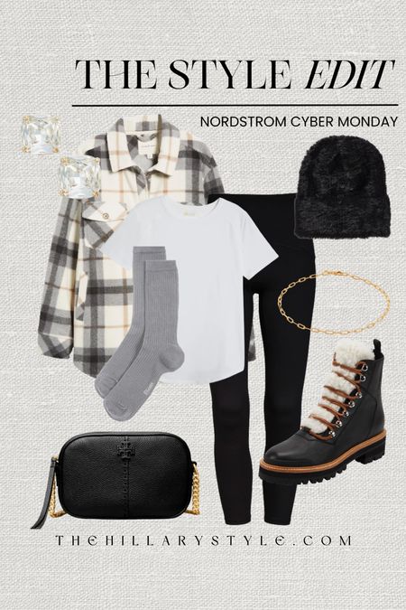 The Style Edit: Nordstrom Cyber Monday. Casual winter outfit with pieces from top brands on sale at Nordstrom. Leggings, plaid Shacket, white tshirt, Chelsea Boots, camera handbag, gold paperclip bracelet, stud earrings, eyelash beanie, cashmere socks. Spanx, Zella, Tory Burch, Kate Spade, BP., Stems, Marc Fisher, Monica Vinader, Thread & Supply. Casual winter outfit, leggings outfit, casual outfit, OOTD

#LTKstyletip #LTKCyberWeek #LTKSeasonal