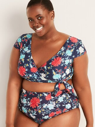 Floral Wrap-Front Cap-Sleeve Plus-Size Swim Top | Old Navy (US)