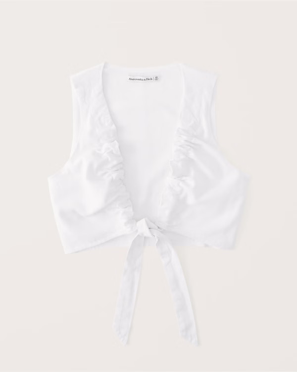 Cropped Tie-Front Linen-Blend Top | Abercrombie & Fitch (US)