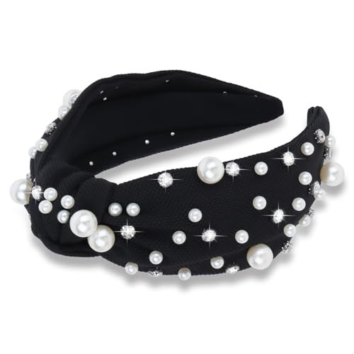 Black Headband Pearl Knotted Rhinestone Headbands Women's Fashion Hair Bands Wide Headbands for Women Head Bands for women's Hair Crystal Head Bands | Amazon (US)