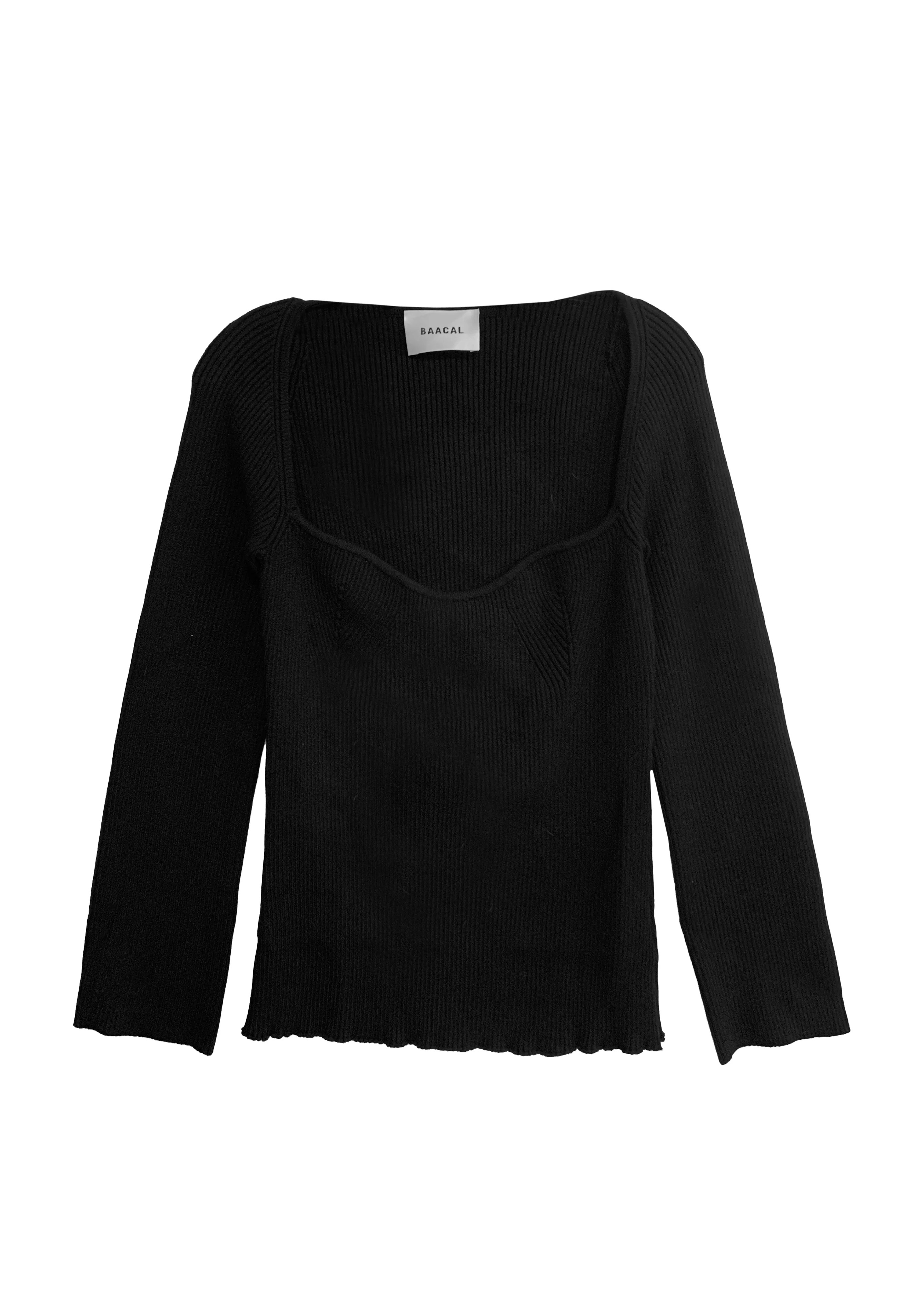 Portrait Neckline Contour Rib Knit Sweater Top- Black | BAACAL Limited, LLC