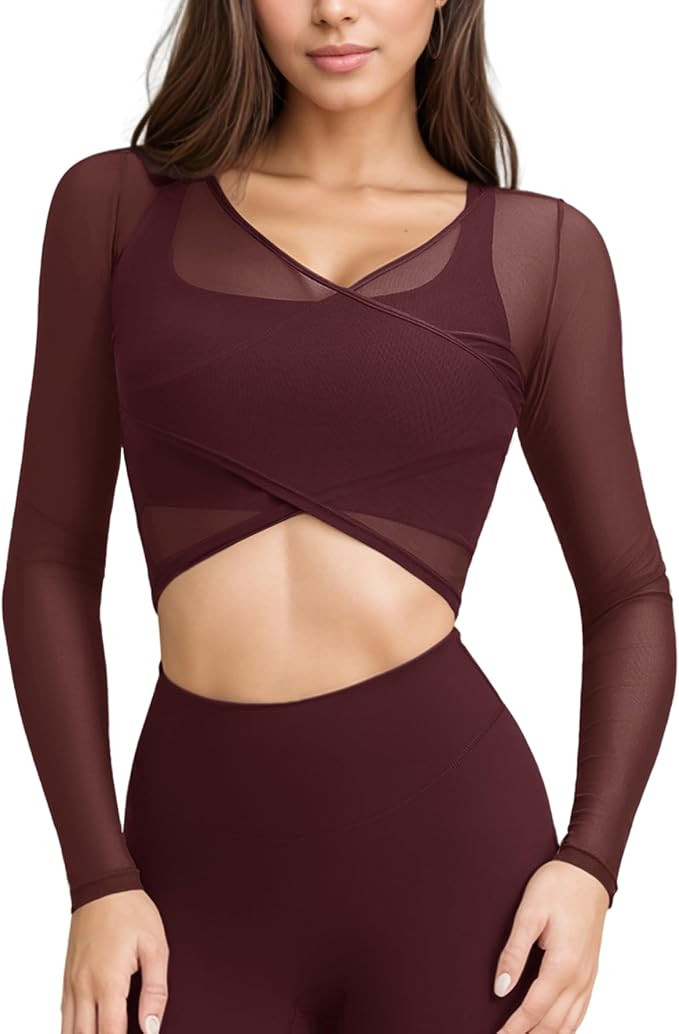 Women's V Neck Cross Wrap Long Sleeve Crop Top Yoga Mesh Workout Tops | compression slim fit, lig... | Amazon (US)