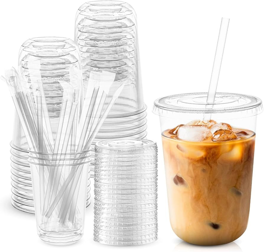 TINSKY 50 Sets Clear Plastic Cups with Lids and Straws, Disposable Iced Coffee Cups Drinking PET ... | Amazon (US)