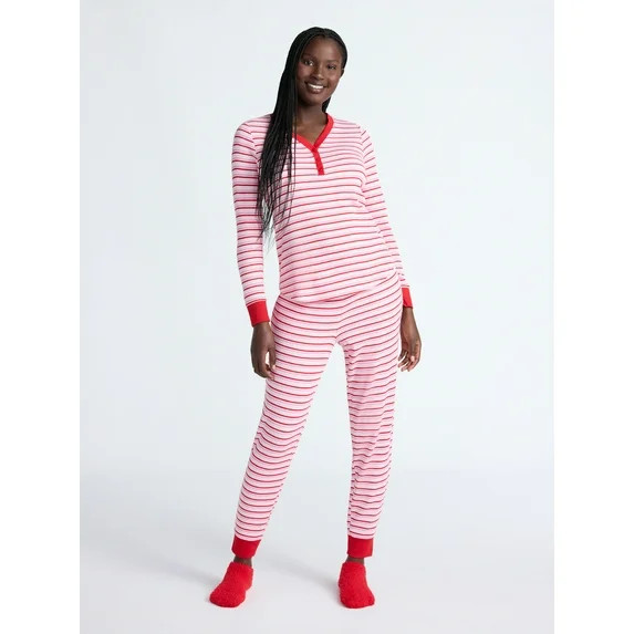 Joyspun Women's Waffle Knit Henley Sleep Top, Joggers and Socks Pajama Set, 3-Piece, Sizes XS-3X | Walmart (US)