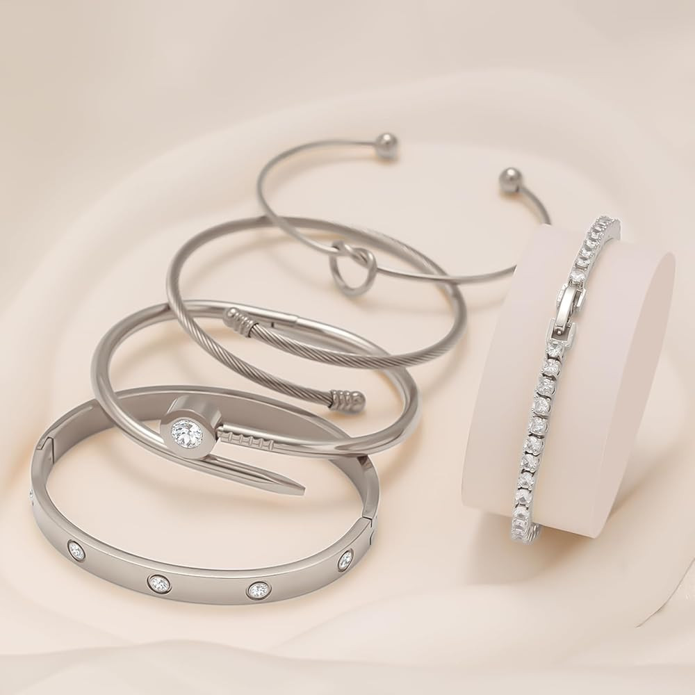 18 K Gold Plated Love Bangle Bracelet Stack Cuff Jewelry for Women Jewelry Set for Women Gift wit... | Amazon (US)