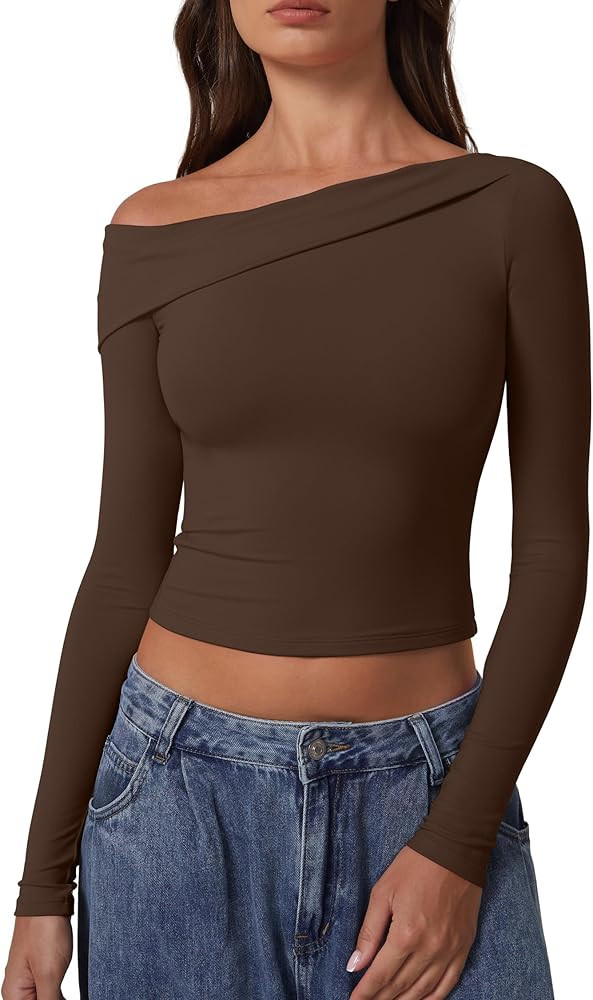 QINSEN Women Long Sleeve Off Shoulder Tops Trendy Double Lined Going Out Shirt for Fall | Amazon (US)