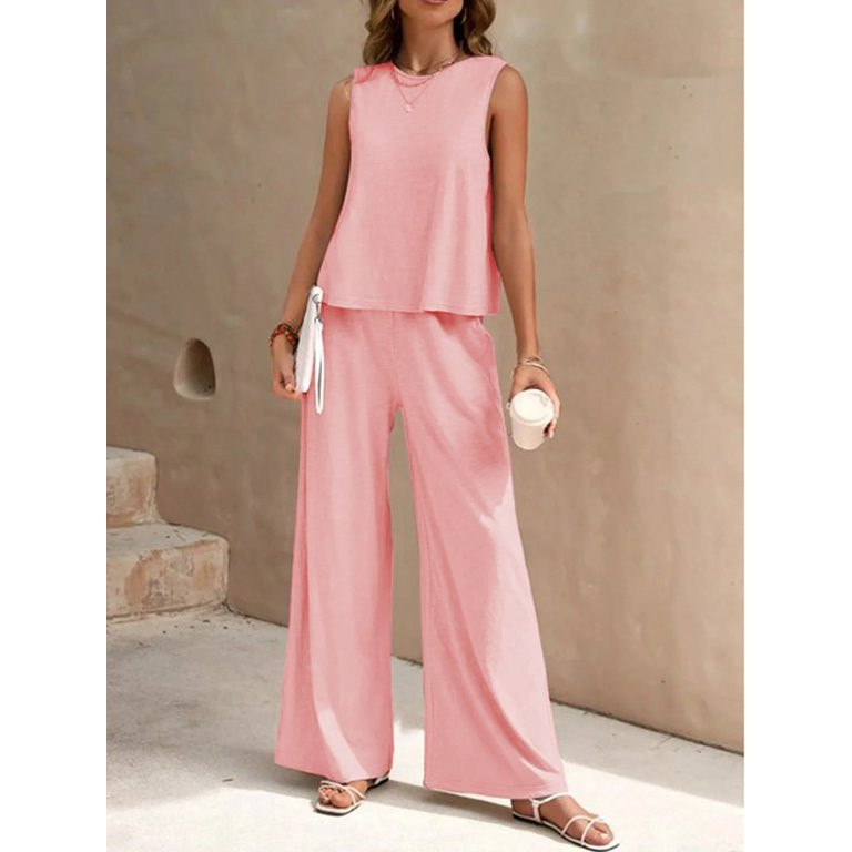 MOSHU Two Piece Lounge Sets for Women Loose Fit Tank Tops and Wide Leg Pants with Pockets Solid S... | Walmart (US)