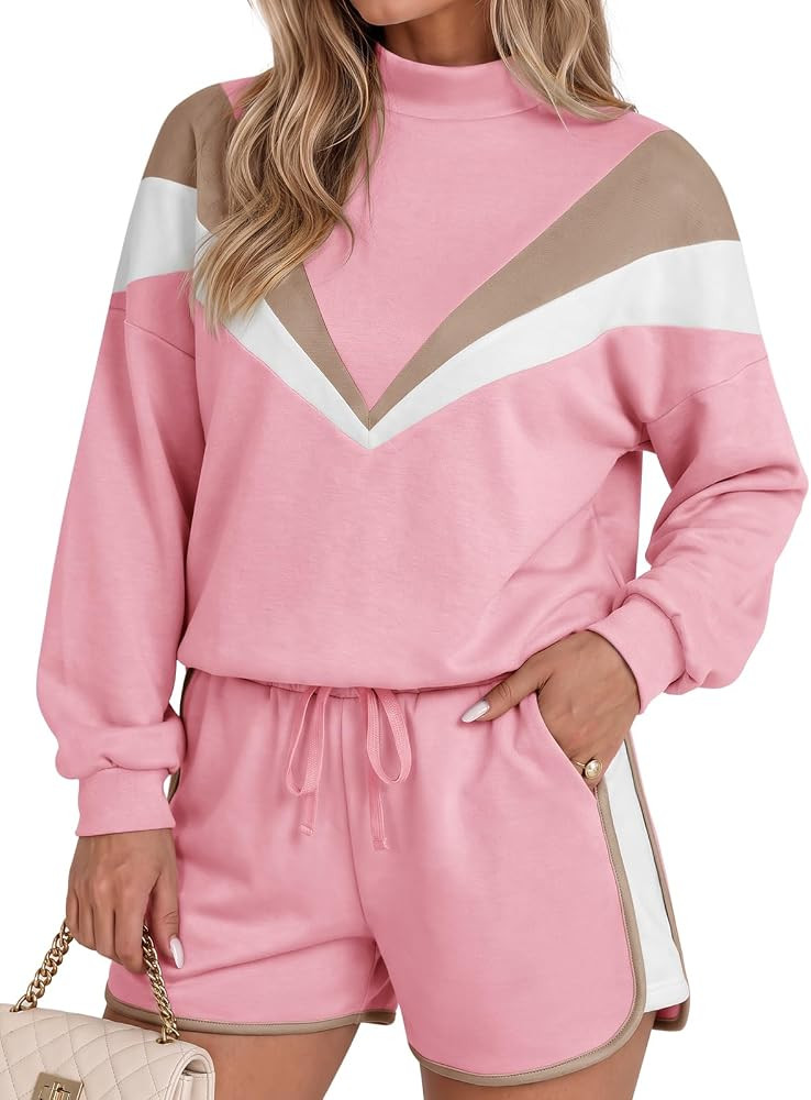 Fisoew Womens 2 Piece Outfits Sweatsuit Long Sleeve Pullover Shorts Sets | Amazon (US)