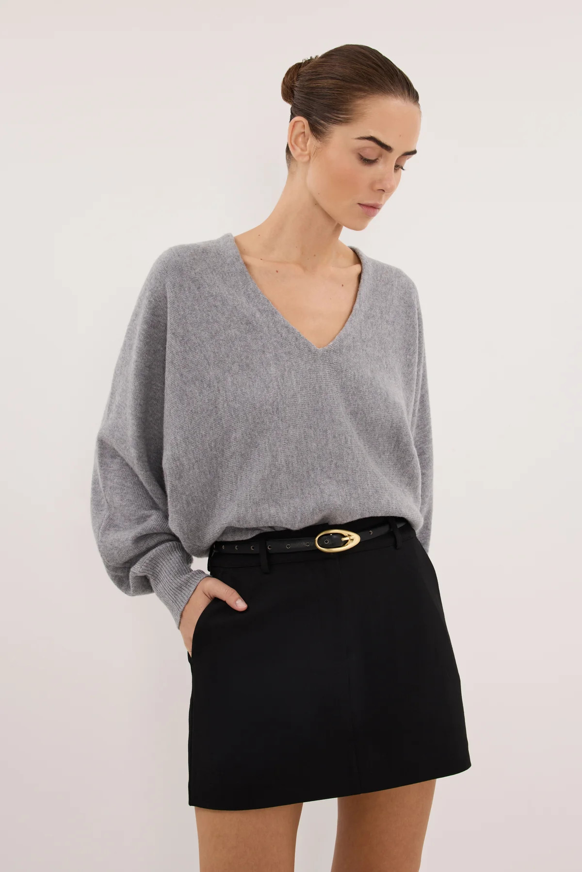 LUMI GREY MARLE V NECK MERINO KNIT JUMPER | DISSH
