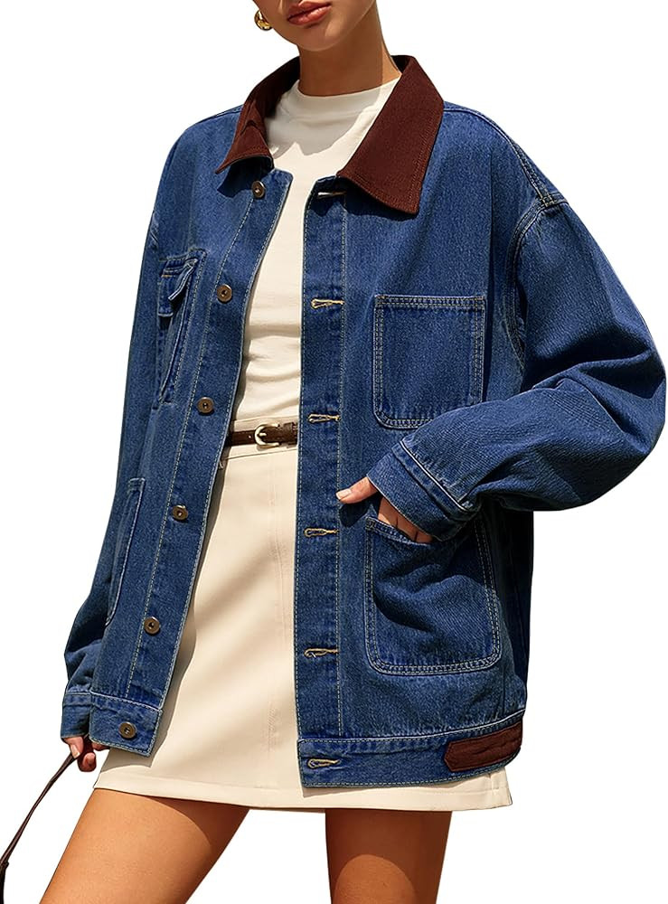 Denim Jacket for Women Contrast Collar Oversized Jean Jacket Women Long Sleeve Button down Barn j... | Amazon (US)