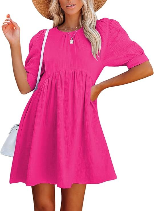 LYANER Women's Crewneck High Waist Puff Short Sleeve Button Back Babydoll A-line Mini Dress with ... | Amazon (US)