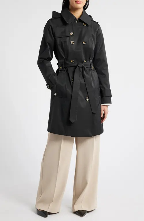London Fog Missy Hooded Belted Trench Coat in Black at Nordstrom, Size Medium | Nordstrom