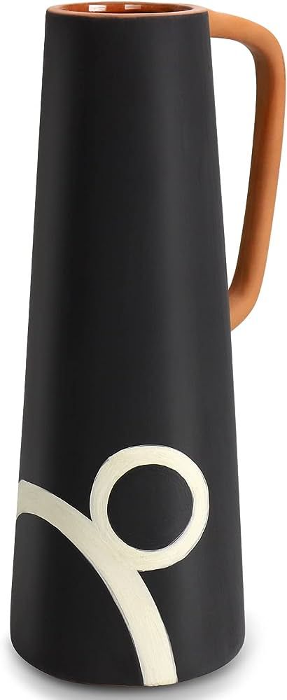 VIHENTHI 10 Inch Black Vase with Handle, Tall Flower Vase with Hand-Painted Pattern, Morden Black... | Amazon (US)