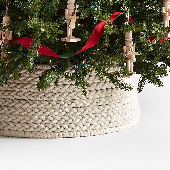 White Woven Fabric Christmas Tree Collar | Crate & Barrel | Crate & Barrel