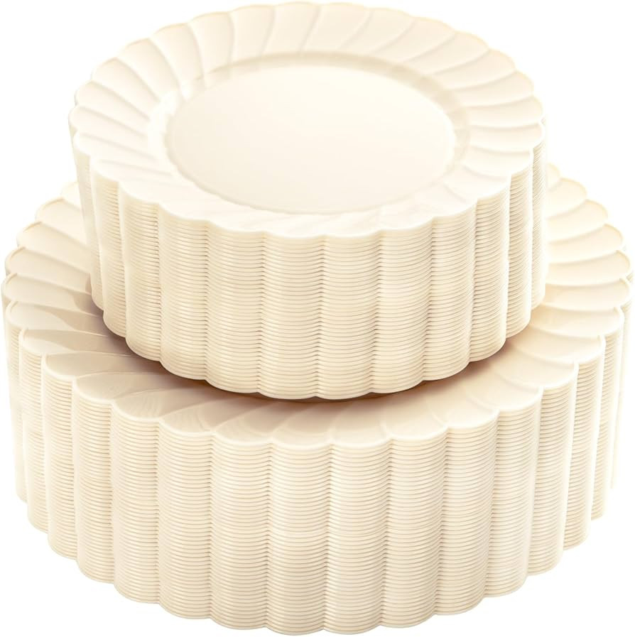 YOUBET 100PCS Ivory Scalloped Plastic Plates - Heavy Duty Disposable Fancy Hard Plates Include 50... | Amazon (US)