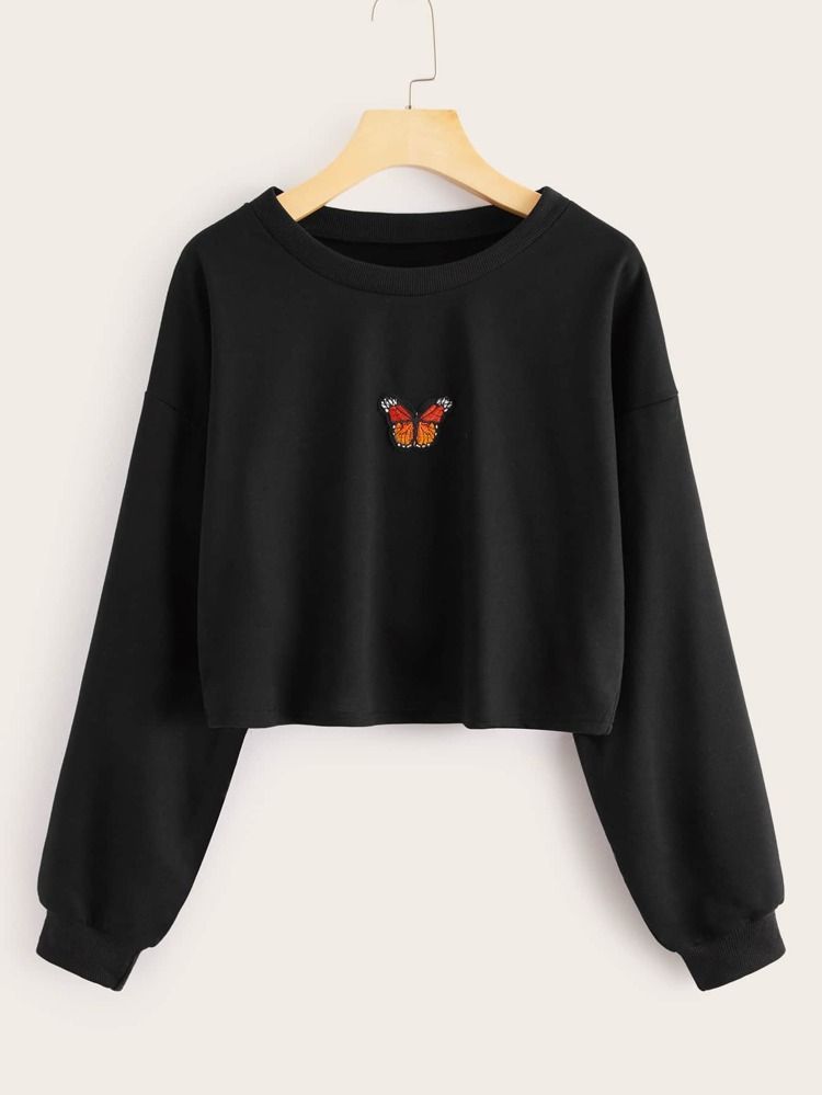 Butterfly Embroidered Drop Shoulder Sweatshirt | SHEIN