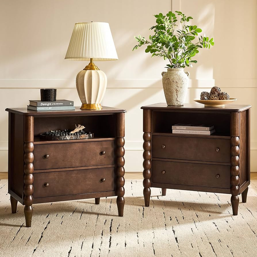 HULALA HOME Transitional Solid Wood Storage Nightstand Set of 2 with Spindle Columns, 2 Drawers a... | Amazon (US)