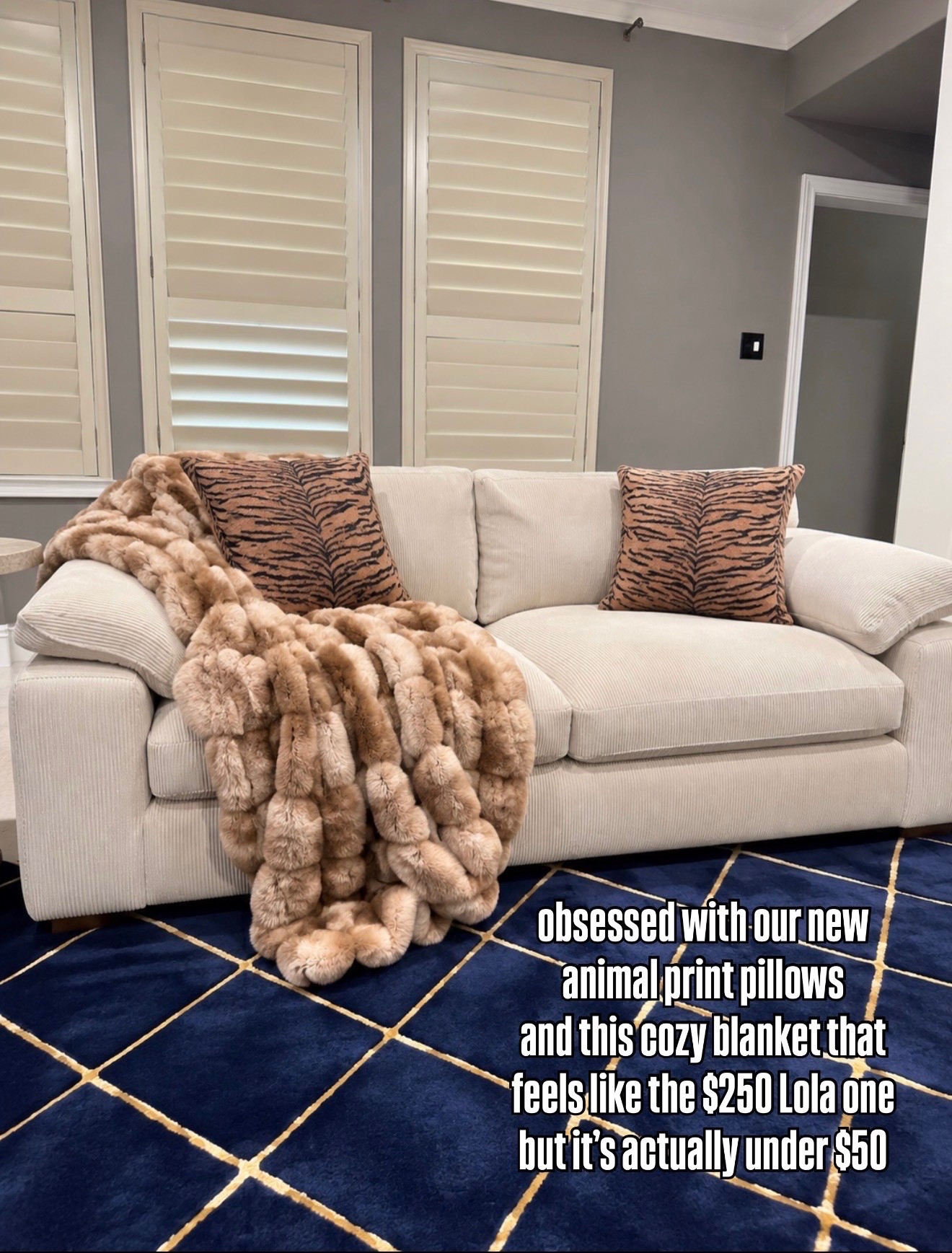 obsessed with our new animal print pillows and his cozy blanket that feels like the $250 one but it’s actually under $50￼￼