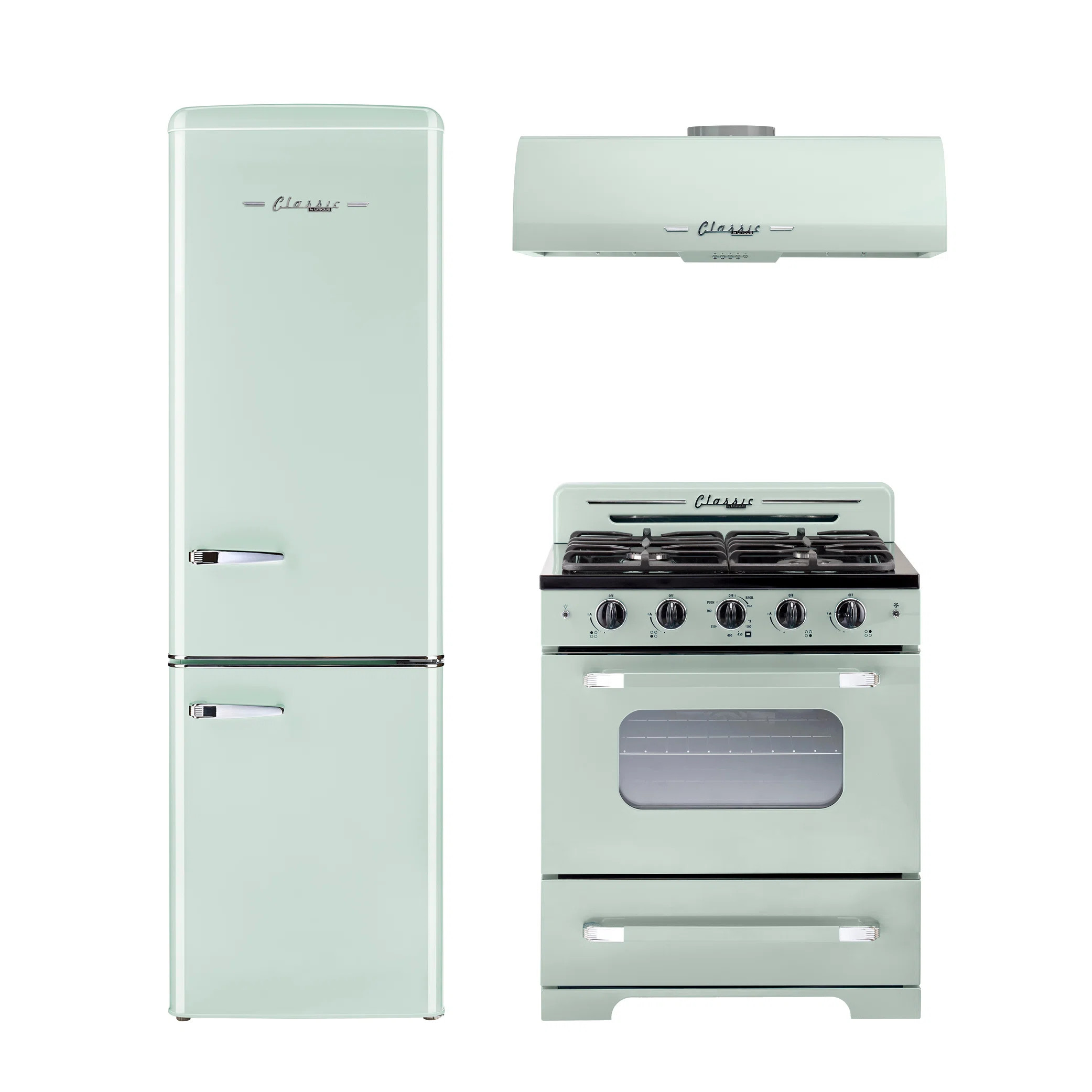 Unique Appliances Classic Retro 3 Piece Kitchen Appliance Package with Bottom Freezer Refrigerator 30'' Gas Freestanding Under Cabinet Range Hood | Wayfair North America