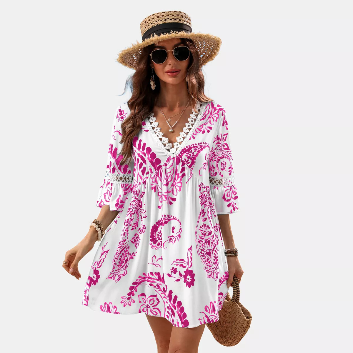 Women's Green/Pink Paisley V-Neck Mini Beach Dress - Cupshe-L-Pink | Target
