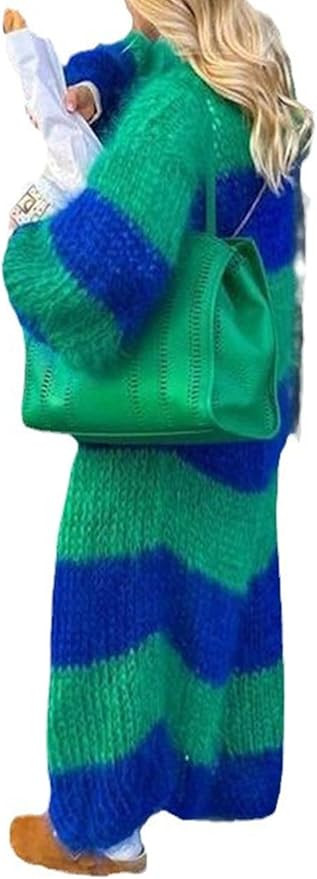 LETSVDO Women's Color Block Long Cardigan Open Front Oversized Striped Knit Slouchy Duster Chunky... | Amazon (US)