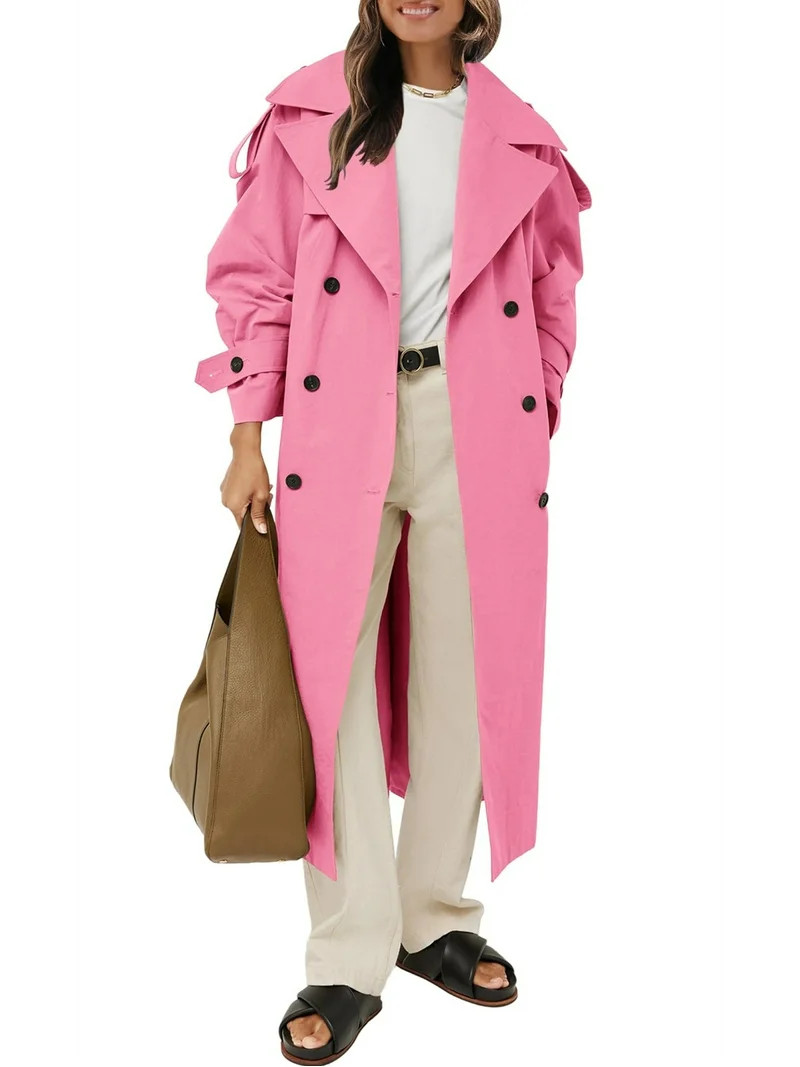 Womens Oversized Long Trench Coat Double Breasted Lapel Windproof Overcoat with Belt | Walmart (US)