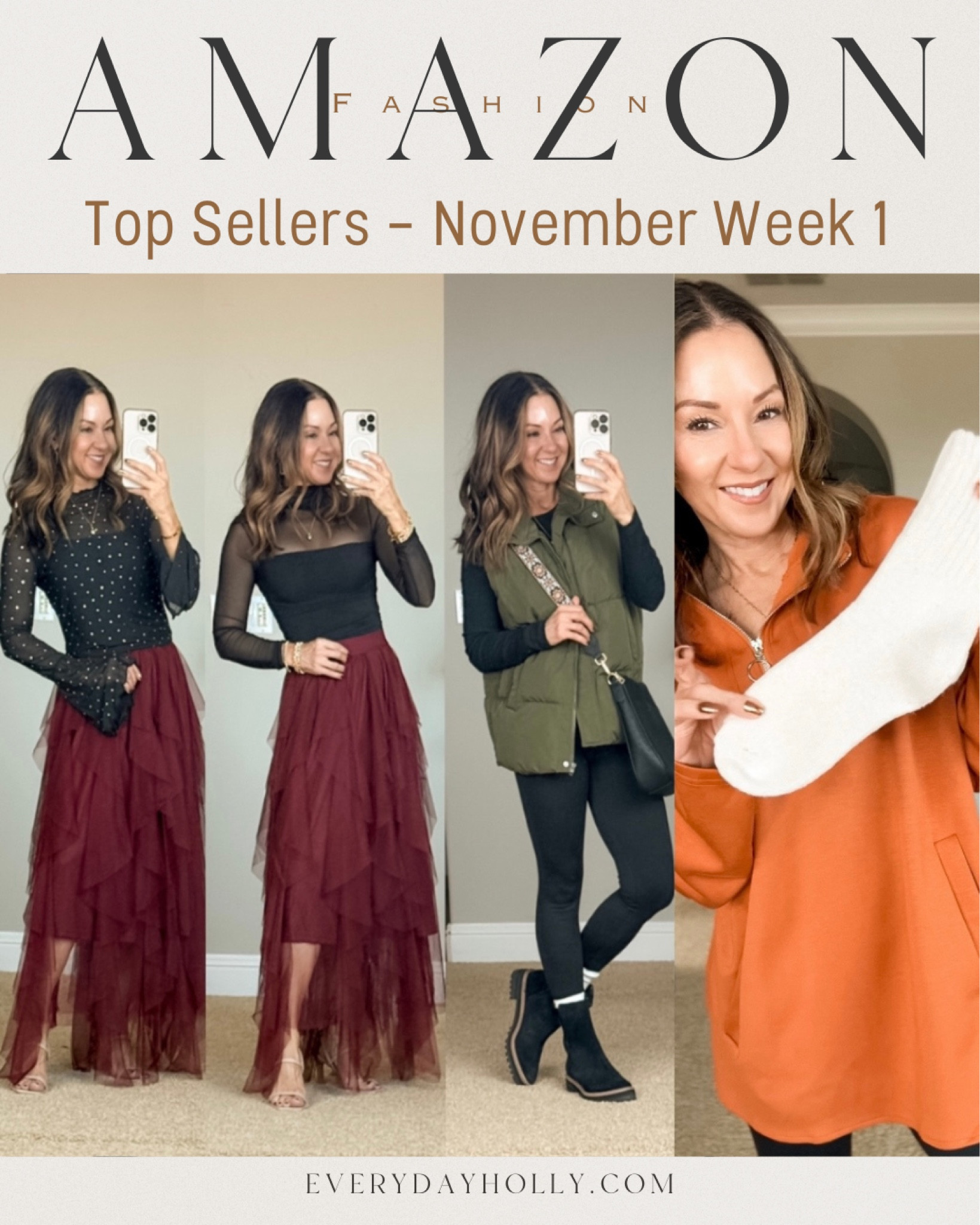 Last weeks top 5 Holiday party outfits with rhinestone mesh long bell sleeve top size small and Shapewear Bodysuit in XS both in black. for reference: I'm 5'1", 109lbs. Lightweight puffer vest small olive, long sleeve slim fit long sleeve tee XS black, the best boot socks, leggings XS. Message me for discount code & link to skirt or find it in comment section  

#LTKSaleAlert #LTKOver40 #LTKStyleTip